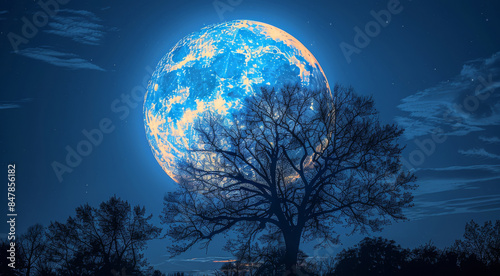 Nighttime, full moon, high in the sky, deep blue sky, moonlight, clouds, tree silhouette, tall trees, soft moonlight, serene ambiance. Generative AI. photo