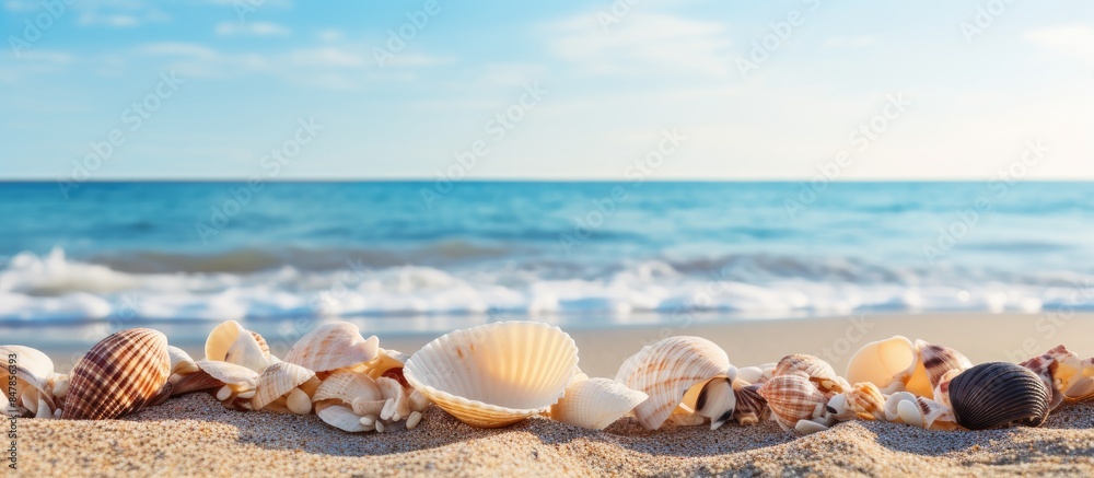 sea shells with sand as background. Creative banner. Copyspace image sea shells with sand as background. Creative banner. Copyspace image