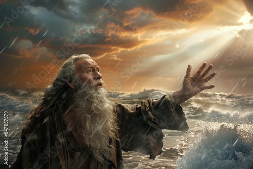 Moses standing on the sea with his arms raised up. photo