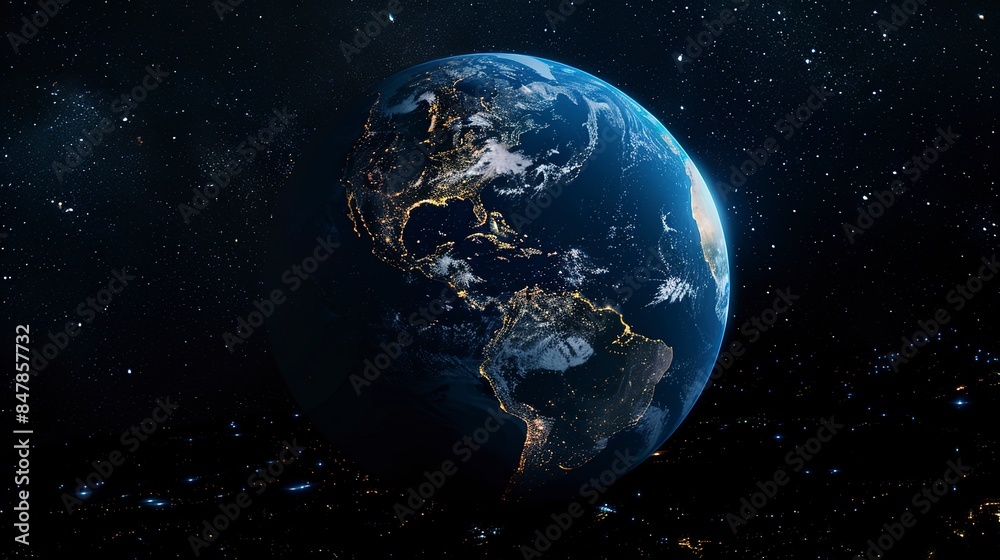 Fototapeta premium Spectacular high-resolution background banner of planet Earth from space, illuminated with glowing surface lights, surrounded by a night sky full of stars. Blue color theme, high-quality, high-detail,