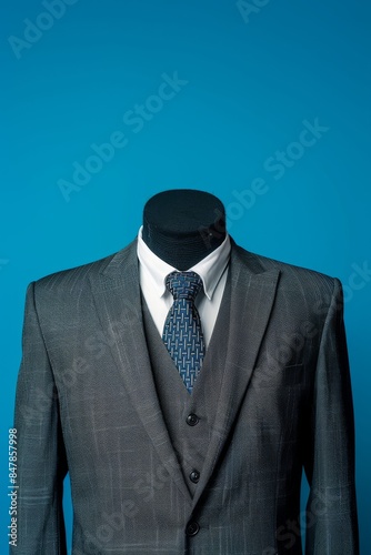 Elegant grey business suit with tie on mannequin, isolated against blue background. Stylish corporate attire for professional look.