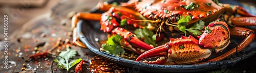 A closeup of mud crab with chili and garlic, garnished with fresh coriander, served on a rustic plate, bright daylight