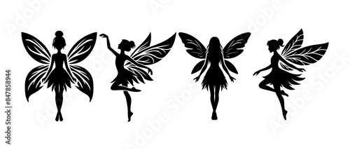 Beautiful dancing fairy side view silhouette black filled vector Illustration icon