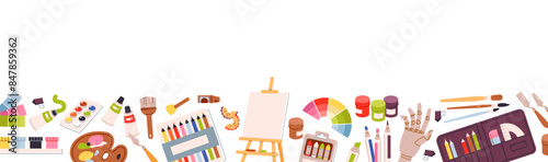 Art supplies for creativity set. Horizontal banner with paints, easel, pencils, drawing and painting accessories. Minimalistic flat style