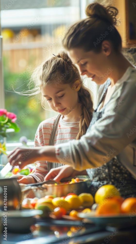 A mother and her young daughter work together preparing a meal A mother and her young daughter work together preparing a meal