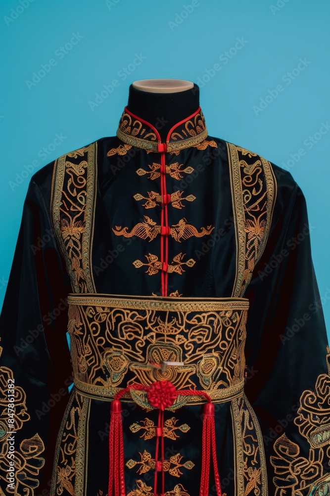 Elegant traditional Chinese attire featuring intricate gold embroidery on a deep blue fabric, showcased on a mannequin.