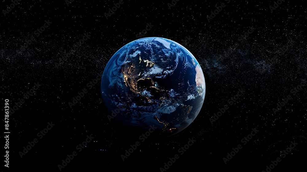 Obraz premium Spectacular high-resolution background banner of planet Earth from space, illuminated with glowing surface lights, surrounded by a night sky full of stars. Blue color theme, high-quality, high-detail,