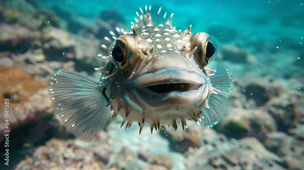 Porcupine Fish Smiling Underwater with Big Eyes, Marine Wildlife Photography Porcupine Fish Smiling Underwater with Big Eyes, Marine Wildlife Photography