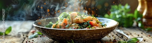 A mouthwatering scene of Malawian nsima with chambo fish and greens, steam rising, set on a rustic wooden table, bright daylight photo