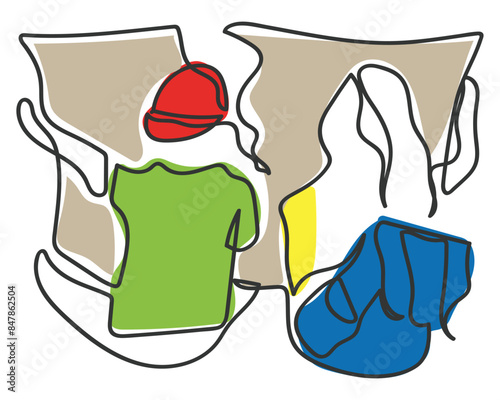 hand drawn line art vector of two preteen kids looking something on an old map. field trip student adventure.