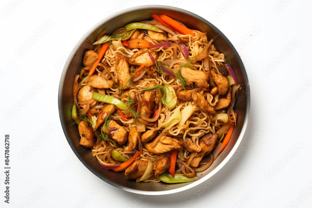 overhead shot, stainless steal pan filled with yakisoba chicken with cabbage, and carrots, white minimalist background overhead shot, stainless steal pan filled with yakisoba chicken with cabbage, and carrots, white minimalist background