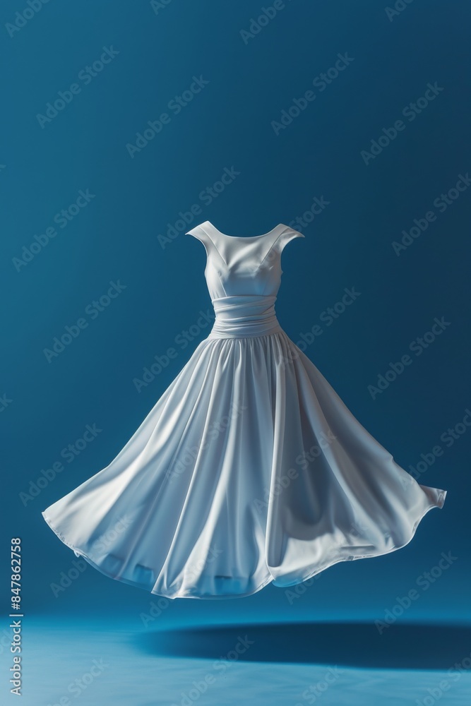 Obraz premium Elegant white sleeveless dress suspended mid-air, isolated on a blue background, showcasing its flowy and timeless design.