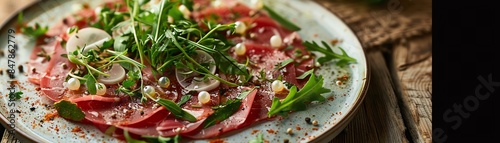 A picturesque plate of emu carpaccio with a native herb salad, garnished with finger lime pearls, rustic kitchen background, natural daylight photo