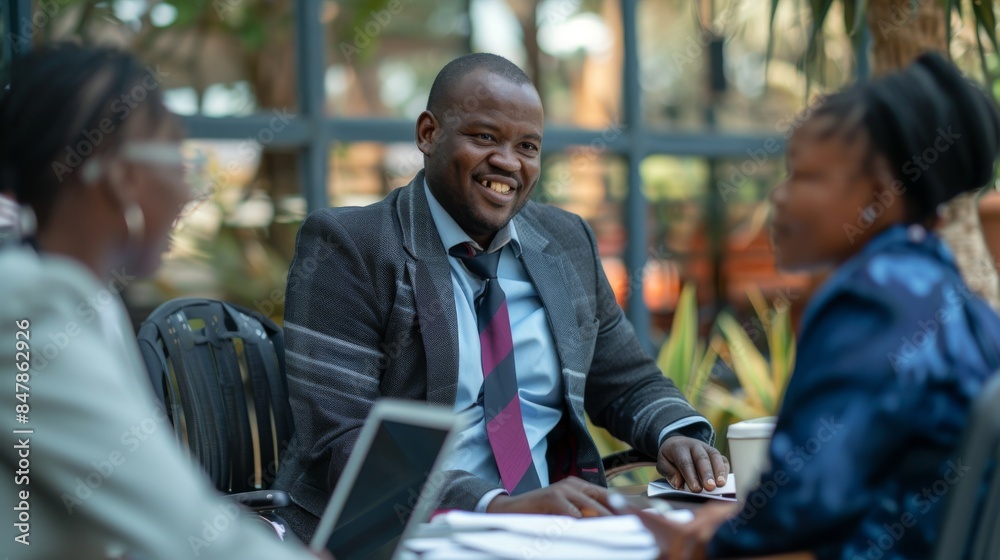 A man in a suit smiles at a colleague during an outdoor meeting A man in a suit smiles at a colleague during an outdoor meeting