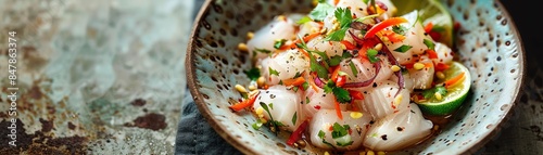 A picturesque serving of wild barramundi ceviche with finger lime and sea herbs, presented in a modern bowl, rustic kitchen background, natural daylight photo