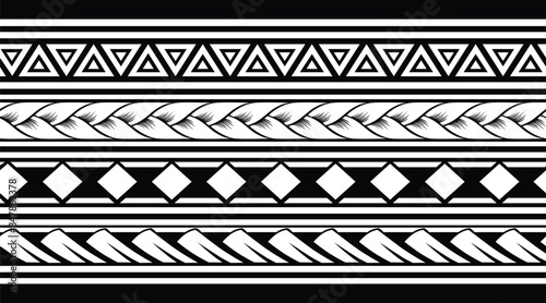 Polynesian design tribal tattoo border. Tribal design ethnic maori band.Tattoo  ribbon sleeve bracelet. Fabric seamless isolated hawaiian pattern on white background.