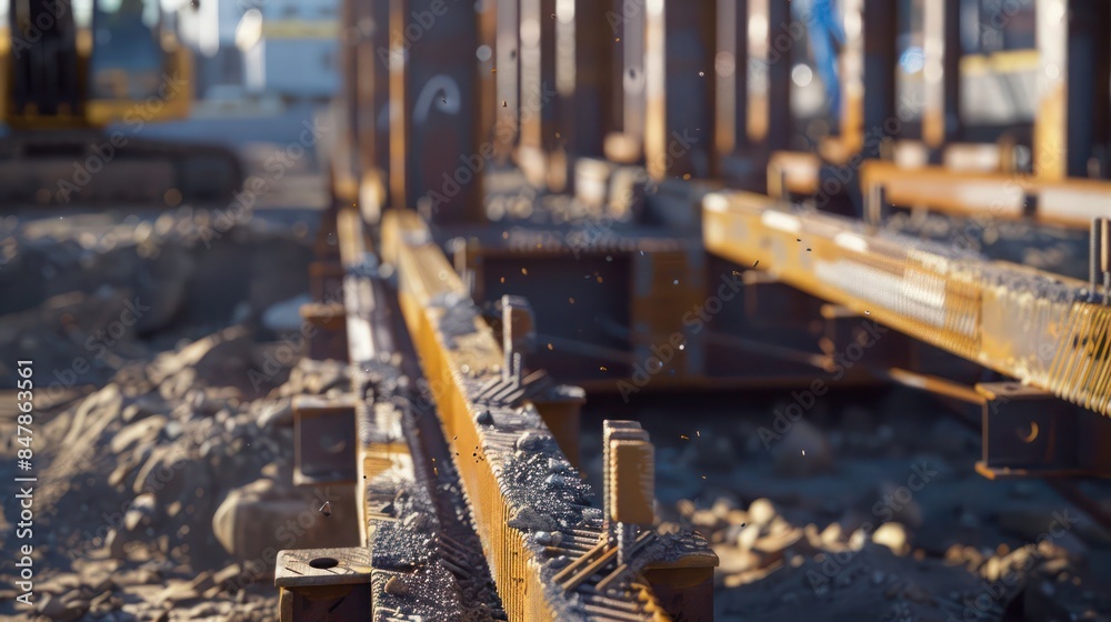 construction site with a focus on a pile driver driving steel beams into the ground construction site with a focus on a pile driver driving steel beams into the ground