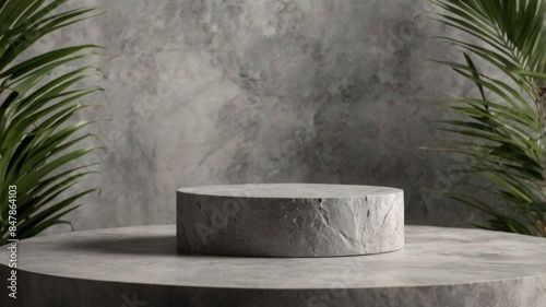 Round gray stone cosmetics product advertising podium stand with tropical leaves background. Empty natural stone pedestal platform to display beauty product. Mockup