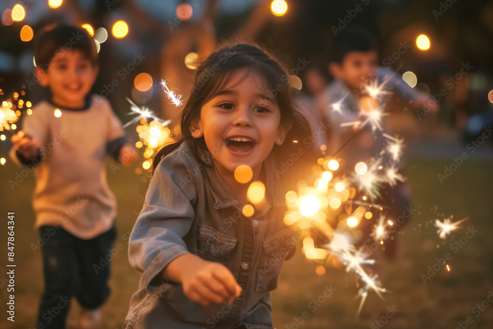 A group of happy children running and celebrating at dawn, holding sparklers, immersed in a warm glow and festive ambiance, filled with joy and laughter A group of happy children running and celebrating at dawn, holding sparklers, immersed in a warm glow and festive ambiance, filled with joy and laughter