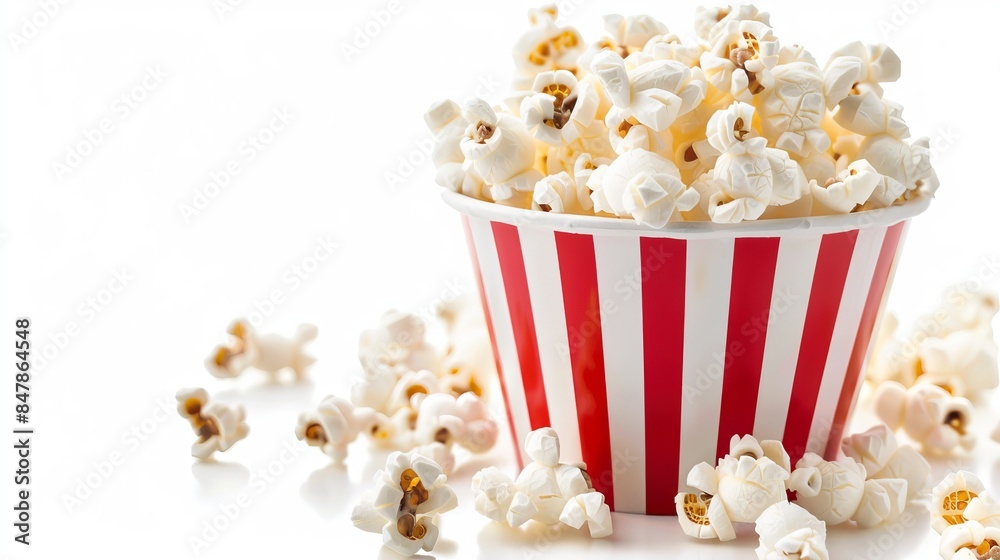 A red and white striped bucket filled with popcorn, isolated on a white background. A red and white striped bucket filled with popcorn, isolated on a white background.