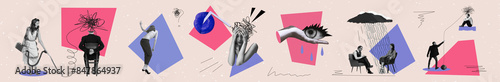 Banner. Contemporary art collage. People reflecting emotional states against beige background with geometrical shapes. Concept of mental health problem and treatment, psychotherapy, consultation