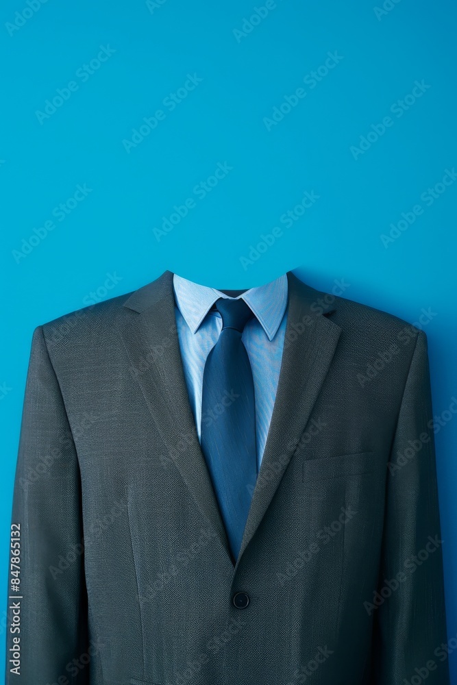 Headless suit and tie against blue background, representing anonymity in business and professionalism in the corporate world. Headless suit and tie against blue background, representing anonymity in business and professionalism in the corporate world.