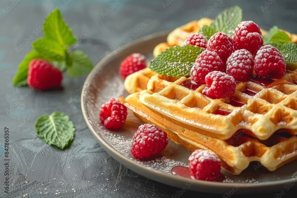 Delicious homemade waffles topped with fresh raspberries and garnished with vibrant mint leaves, perfect for a delightful breakfast or brunch treat Delicious homemade waffles topped with fresh raspberries and garnished with vibrant mint leaves, perfect for a delightful breakfast or brunch treat
