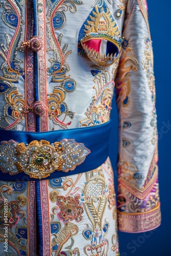 Intricately decorated traditional garment with colorful embroidery, a blue sash, and detailed ornate belt against a blue background. photo