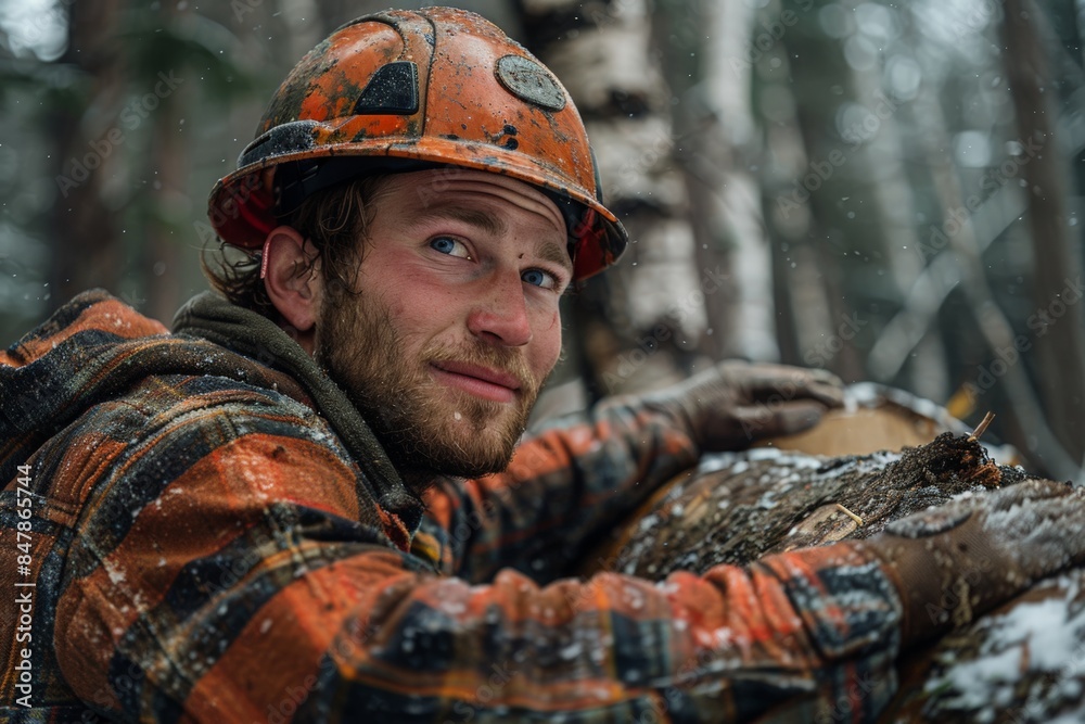Blue-eyed, Caucasian logger in snow, wearing orange, weathered helmet and plaid jacket leaning on tree trunk, expressing friendliness, warmth despite cold surroundings... Blue-eyed, Caucasian logger in snow, wearing orange, weathered helmet and plaid jacket leaning on tree trunk, expressing friendliness, warmth despite cold surroundings...