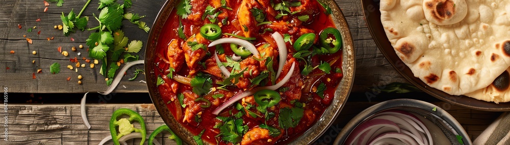 A vibrant bowl of Chicken Karahi garnished with fresh coriander and green chilies