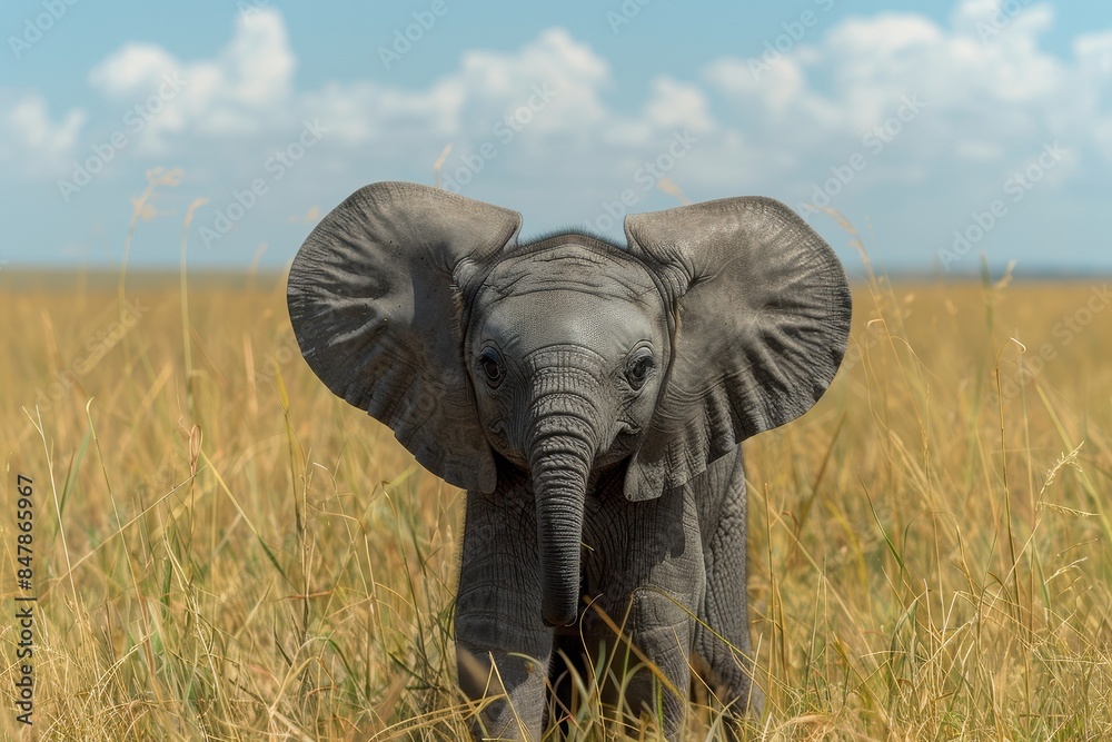Fototapeta premium Baby Elephant: A small, chubby baby elephant with large ears and a short trunk, standing on a grassy savanna under a clear blue sky.