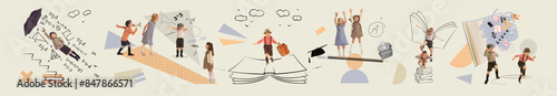 Contemporary art collage. Children engage with books, math problems, and school supplies against backdrop of colorful doodles and shapes. Concept of childhood, education, study. Retro style. Banner