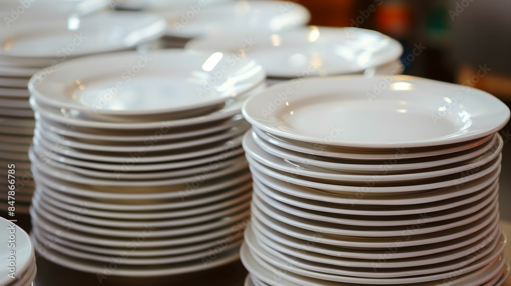 Closeup clean plates stack on a table ready for use Closeup clean plates stack on a table ready for use