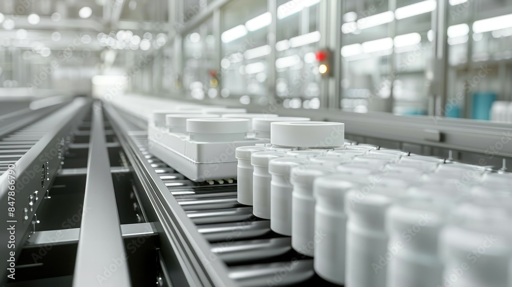 Fototapeta premium Automated production line in a modern manufacturing factory. Plastic containers on a conveyor belt. Industrial technology concept.