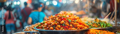 A vibrant scene of fried silkworms in a colorful street food stall, with bright signage and busy market goers, highlighting the dishs appeal as a popular snack photo