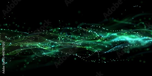 Abstract background with glowing green and blue dots connected with line on black background