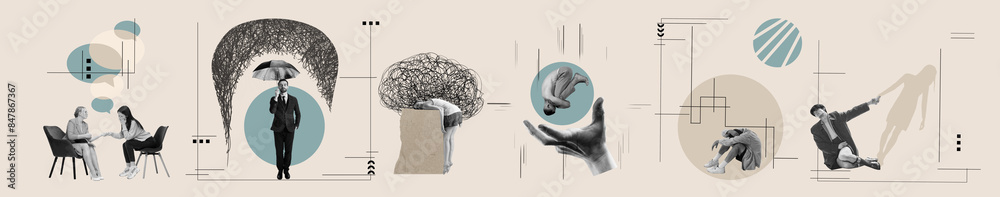 © Lustre Art Group  - Banner. Contemporary art collage. People with tangled heads, under umbrellas, and in distressed poses, set highlighting emotional struggles and mental complexity. Psychology, feelings concept