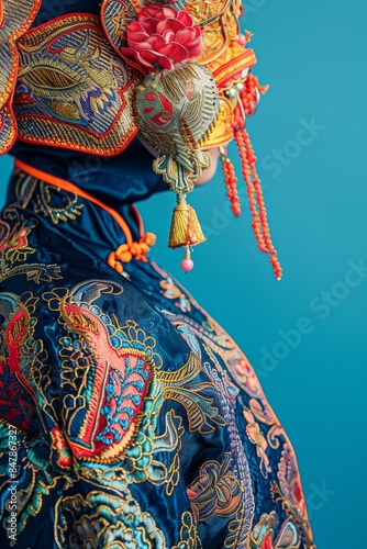 Intricate traditional Asian attire with vibrant embroidery and accessories on a blue background. © kitidach
