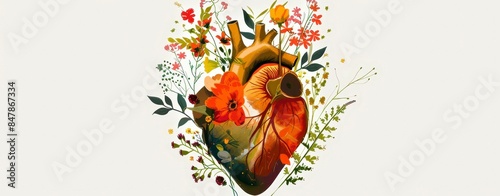 an anatomical heart with various flowers and leaves on white background