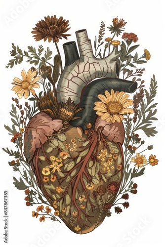 an anatomical heart with various flowers and leaves on white background