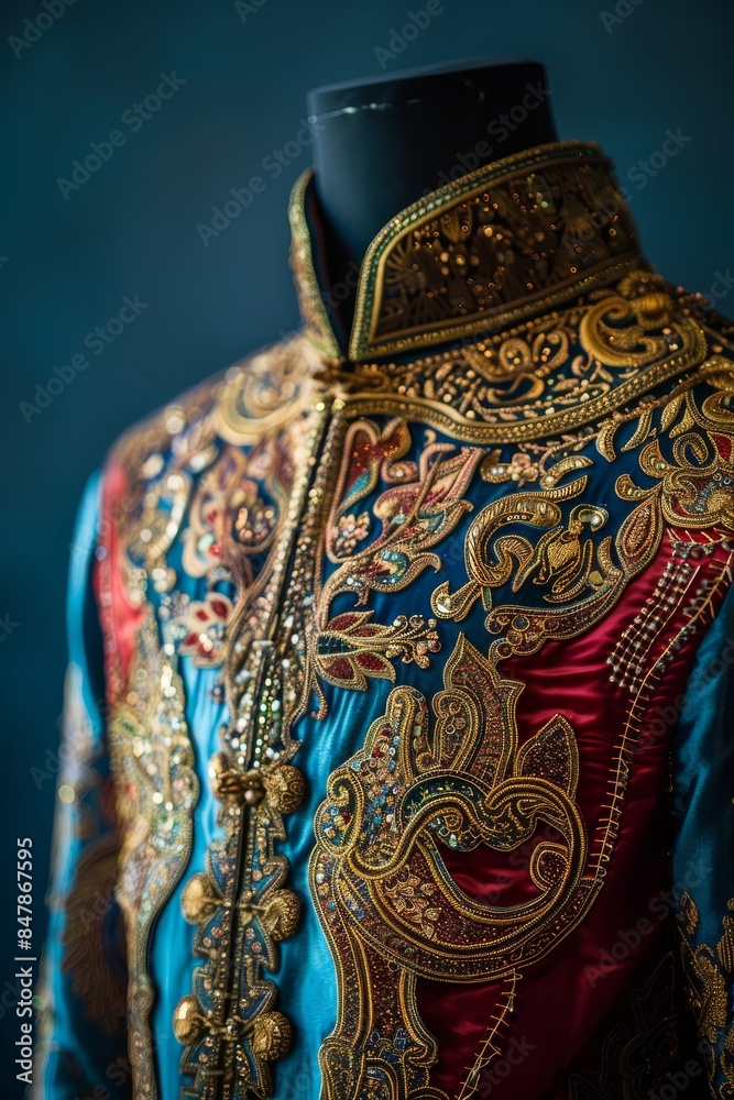 Intricate traditional embroidered jacket on a mannequin, showcasing detailed patterns and vibrant colors, highlighting exquisite craftsmanship.