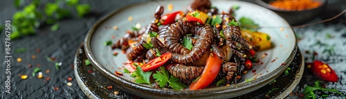 A visually stunning plate of Botswana mopane worms with spicy seasoning, served with pap and vegetables, on a rustic plate, bright daylight photo