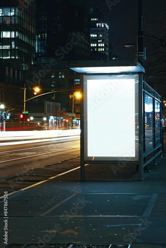 A blank white poster on the side of an urban bus stop at night, illuminated by city lights and passing vehicles on background
