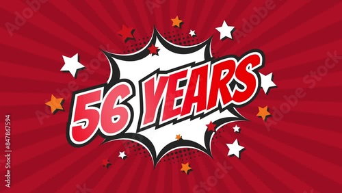 56th fifty-sixth anniversary - 56 fifty-six years birthday. Animated text on pop colorful background with rotating rays. photo