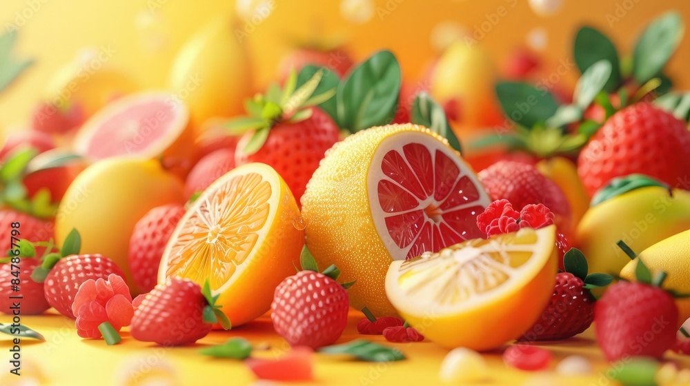 Vibrant assortment of fresh fruits including strawberries, lemons, and grapefruits on a bright background, capturing the essence of freshness. Vibrant assortment of fresh fruits including strawberries, lemons, and grapefruits on a bright background, capturing the essence of freshness.