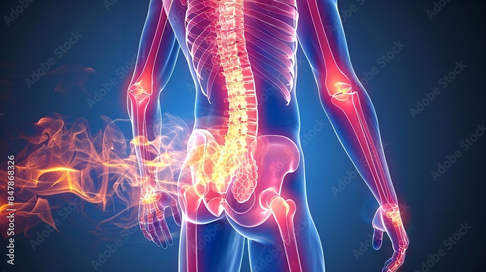 A digital illustration of a human skeleton with a glowing red area highlighting lower back pain A digital illustration of a human skeleton with a glowing red area highlighting lower back pain