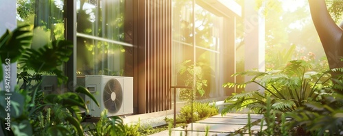 modern home air source heat pump against the backdrop of a building with plants
