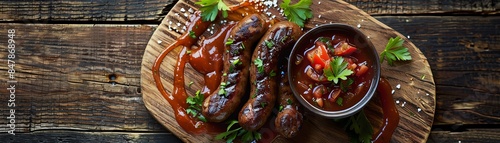 An inviting scene of South African boerewors with grilled sausage, served with pap and tomato gravy, rustic wooden board, warm afternoon light photo