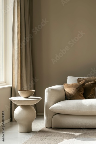 Beige sofa and side table against beige wall in living room with window.