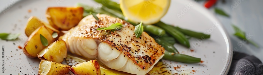 Australian barramundi fillet, grilled with lemon butter sauce, served on a white plate with a side of roasted potatoes and green beans Australian barramundi fillet, grilled with lemon butter sauce, served on a white plate with a side of roasted potatoes and green beans